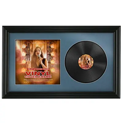 30X17" Black Swept Vinyl Record Frame With Pompador Mount For Side-by-Side 12" LP Cover & Disc