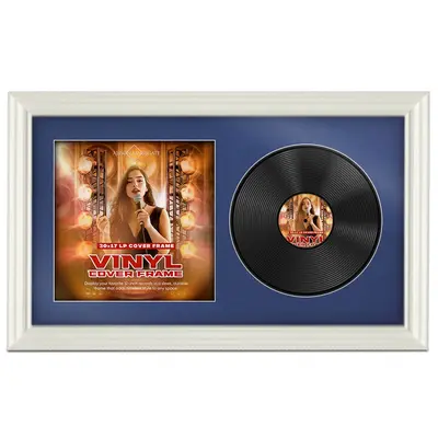 30X17" White Swept Vinyl Record Frame With Blue Mount For Side-by-Side 12" LP Cover & Disc - Elegant Wall Display