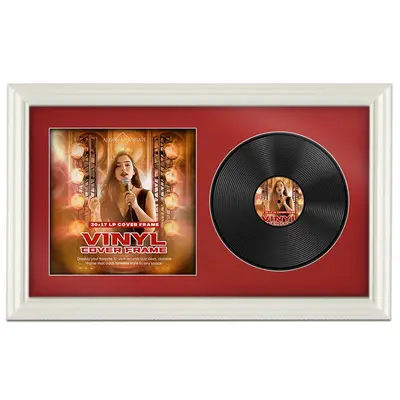30X17" White Swept Vinyl Record Frame With Crimson Mount For Side-by-Side 12" LP Cover & Disc - Elegant Wall Display