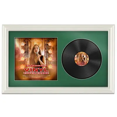 30X17" White Swept Vinyl Record Frame With Emerald (Green) Mount For Side-by-Side 12" LP Cover & Disc - Elegant Wall Display