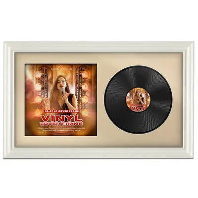 30X17" White Swept Vinyl Record Frame With Ivory Mount For Side-by-Side 12" LP Cover & Disc