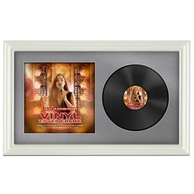 30X17" White Swept Vinyl Record Frame With Mid Grey Mount For Side-by-Side 12" LP Cover & Disc - Elegant Wall Display
