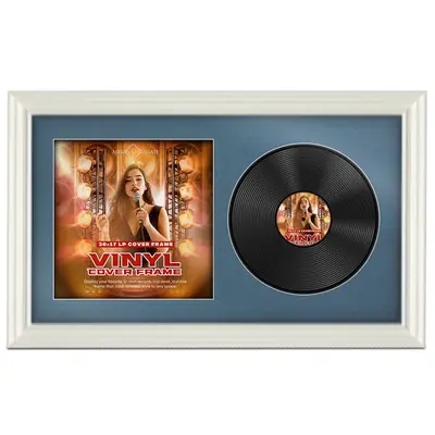 30X17" White Swept Vinyl Record Frame With Pompador Mount For Side-by-Side 12" LP Cover & Disc - Elegant Wall Display