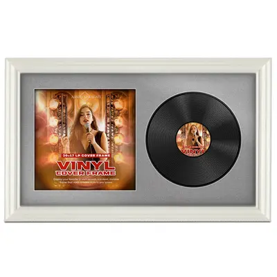 30X17" White Swept Vinyl Record Frame For Side-by-Side 12" LP Cover & Disc With Silver Mount - For Music Lovers