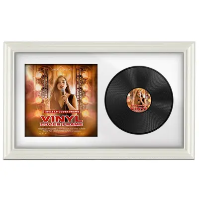 30X17" White Swept Vinyl Record Frame For Side-by-Side 12" LP Cover & Disc With Ice White Mount - For Music Lovers
