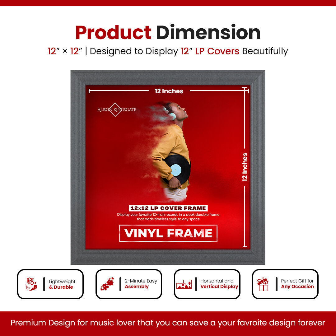 12X12" Dark Grey Classic Vinyl Record Frame - Elegant LP Album Cover Display