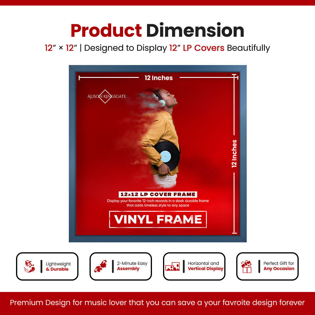 12X12" Navy Blue Modern Sleek Vinyl Record Frame - Elegant LP Album Cover Display