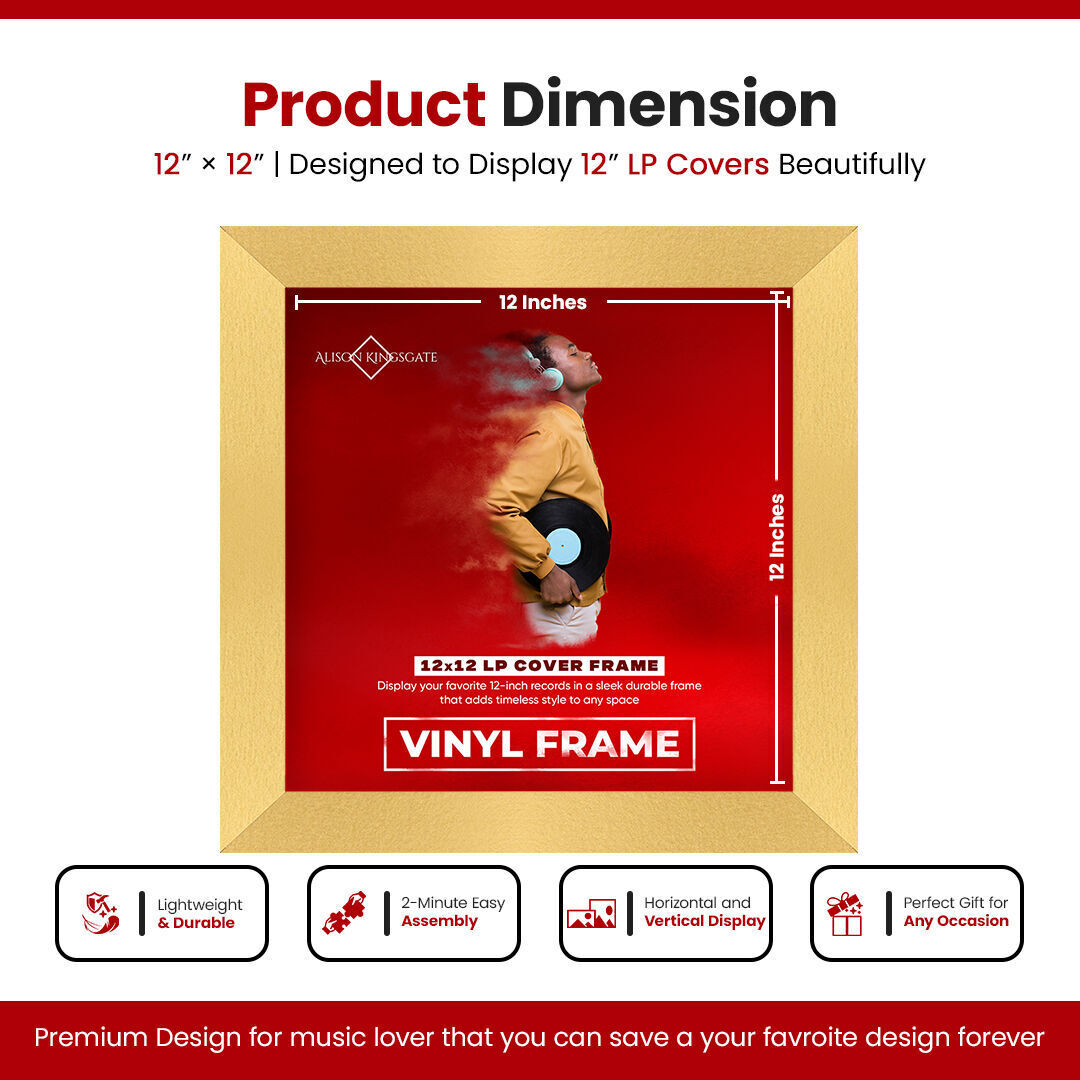 12X12" Gold Modern Vinyl Record Frame - Elegant LP Album Cover Display