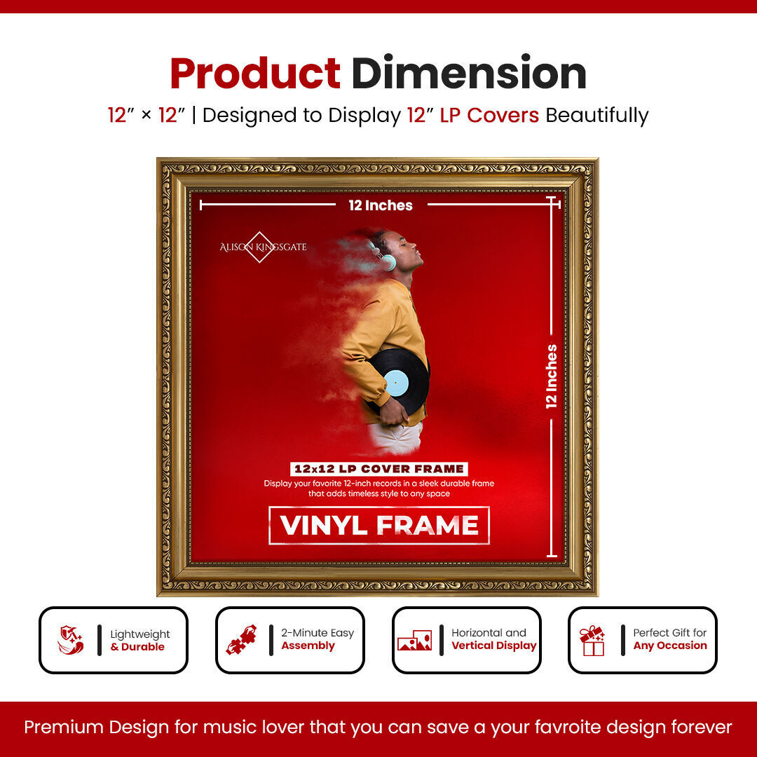 12x12" Ornate Gold Vintage Vinyl Record Frame - Luxurious LP Album Cover Display