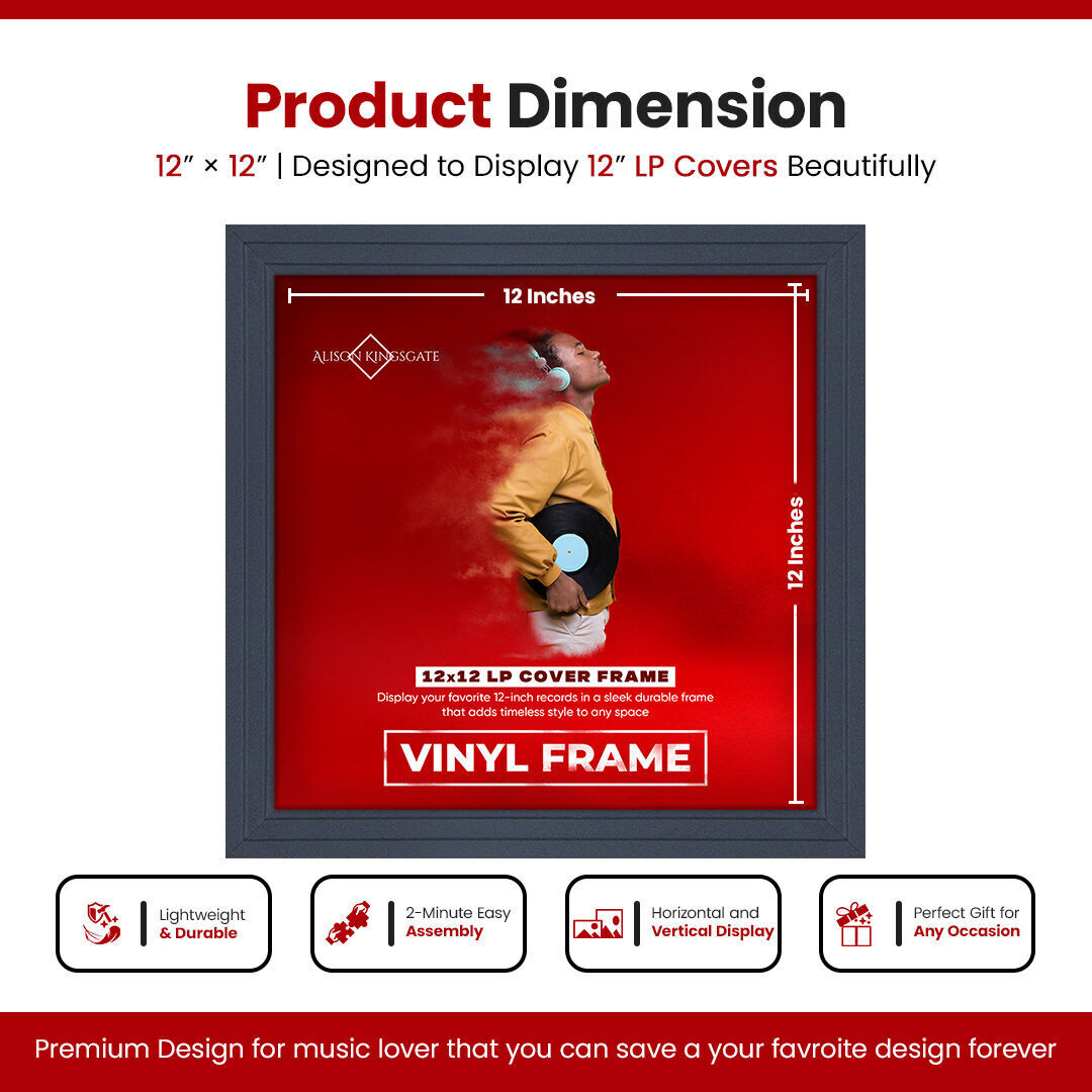 12X12" Dark Grey Step Vinyl Record Frame - LP Album Cover Frame For Music Lovers