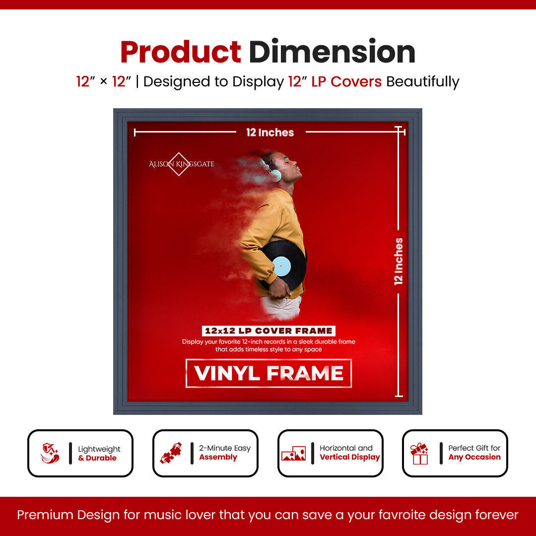 12X12" Black Swept Vinyl Record Frame - LP Album Cover Frame For Music Lovers