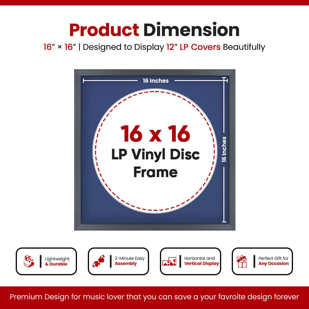 16X16" Dark Grey Classic Vinyl Record Frame With Blue Mount For 12 Inch LP Disc - Premium Vinyl Display