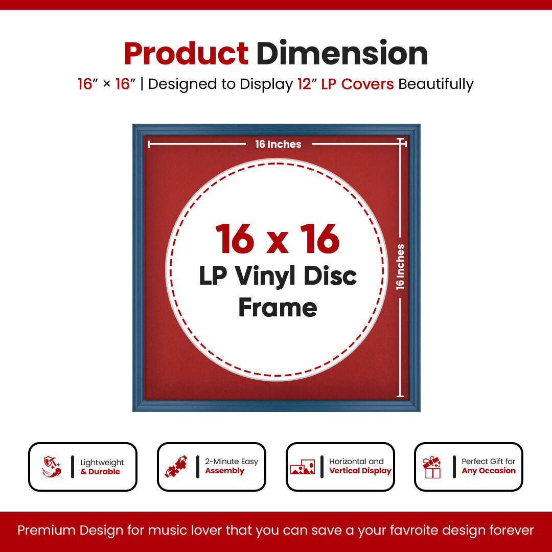 16X16" Navy Blue Classic Vinyl Record Frame With Crimson Mount 12 Inch LP Disc - Stylish Display Frame