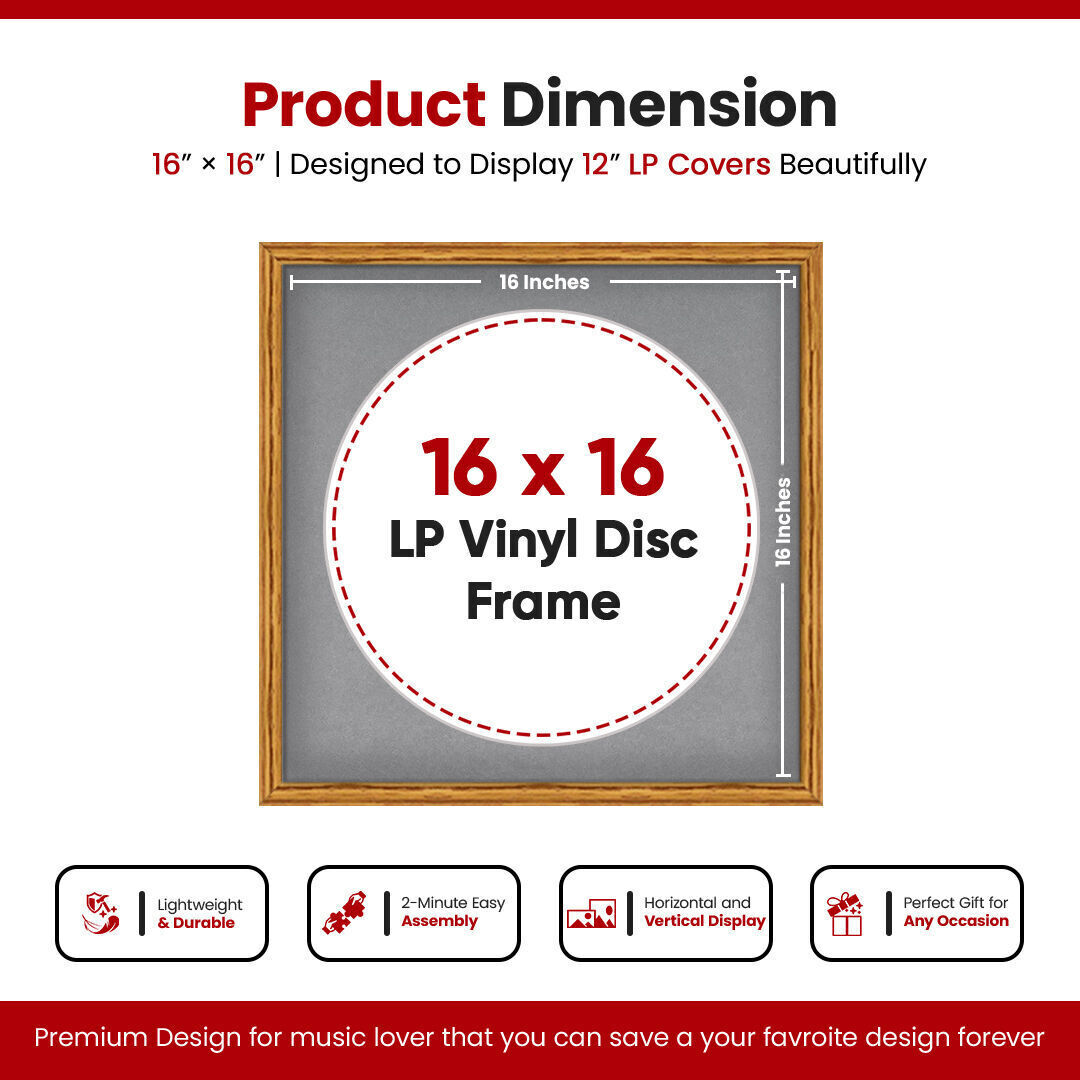 16X16" Oak Classic Vinyl Record Frame With Mid Grey Mount 12 Inch LP Disc - Stylish Display Frame