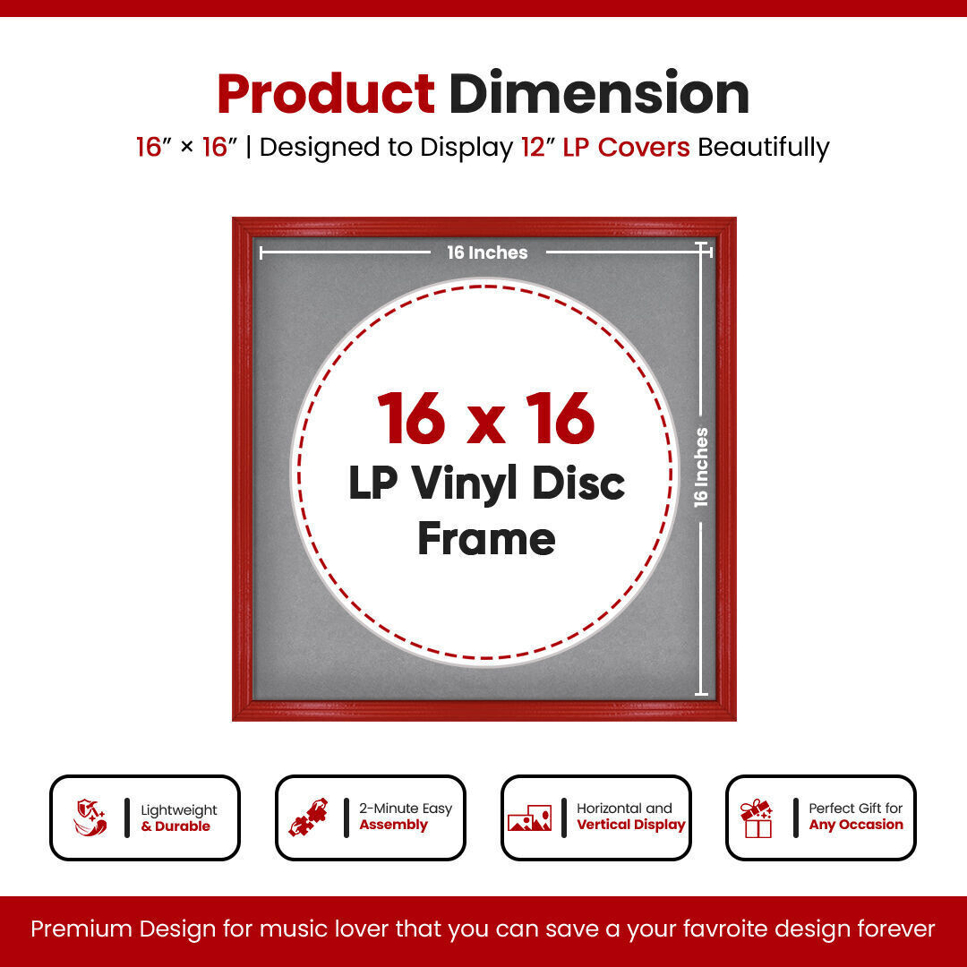 16X16"  Classic Vinyl Record Frame With Mid Grey Mount For 12 Inch LP Disc - Elegant Display For Music Lovers