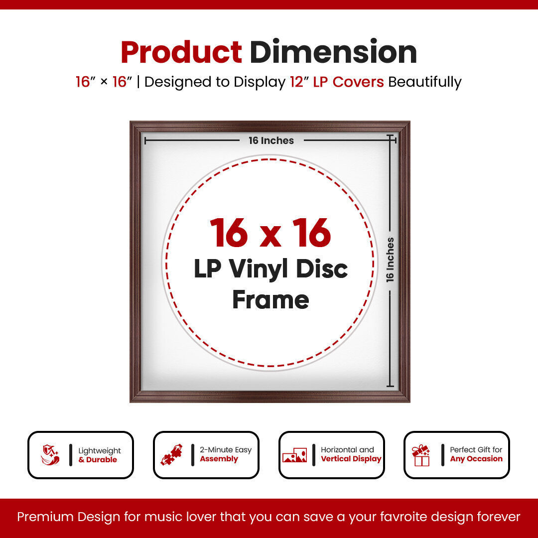 16X16" Rose Wood Classic Vinyl Record Frame With Ice White Mount For 12 Inch LP Disc - Premium Vinyl Display