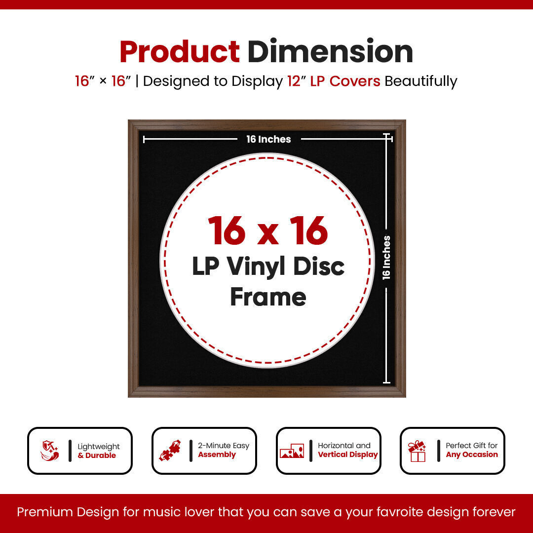 16X16" Walnut Classic Vinyl Record Frame With Black Mount For 12 Inch LP Disc - Premium Vinyl Display