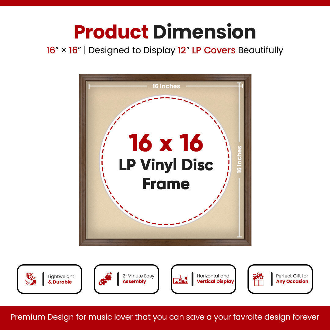 16X16" Walnut Classic Vinyl Record Frame With Ivory Mount For 12 Inch LP Disc - Premium Vinyl Display