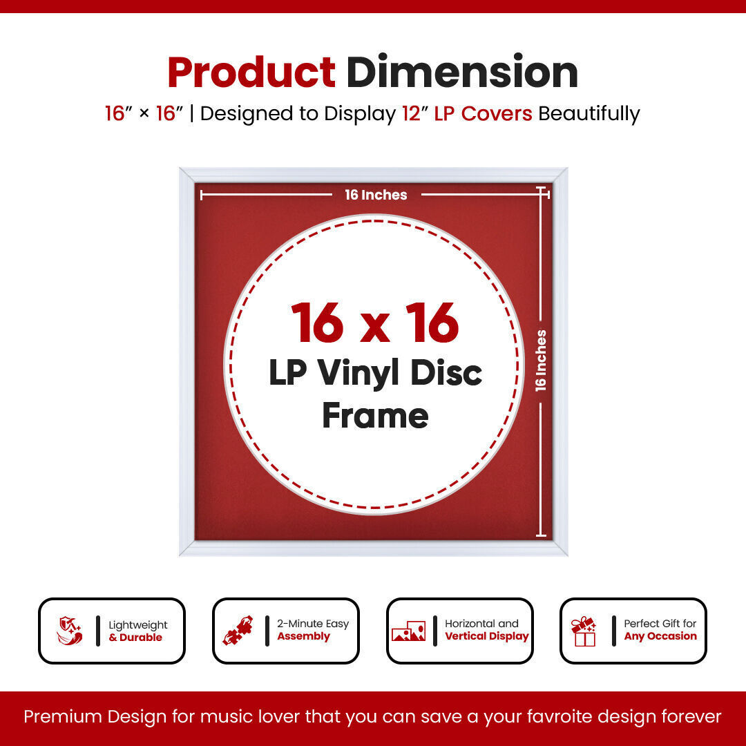 16X16" White Classic Vinyl Record Frame With Crimson Mount For 12 Inch LP Disc - Premium Vinyl Display