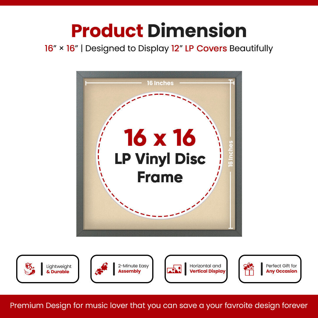 16X16" Dark Grey Modern Sleek Vinyl Record Frame With Ivory Mount 12 Inch LP Disc - Stylish Display Frame