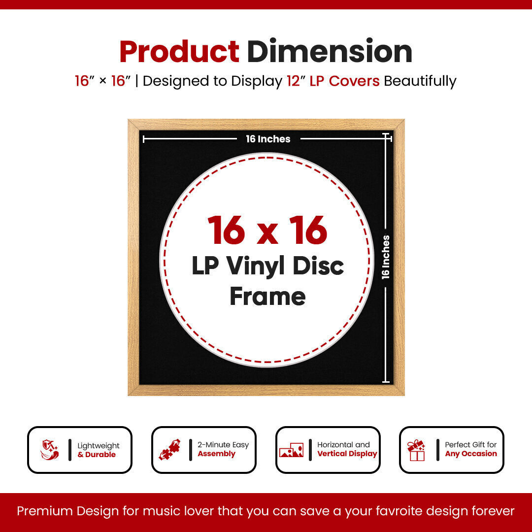 16X16" Oak Modern Sleek Vinyl Record Frame With Black Mount 12 Inch LP Disc - Stylish Display Frame