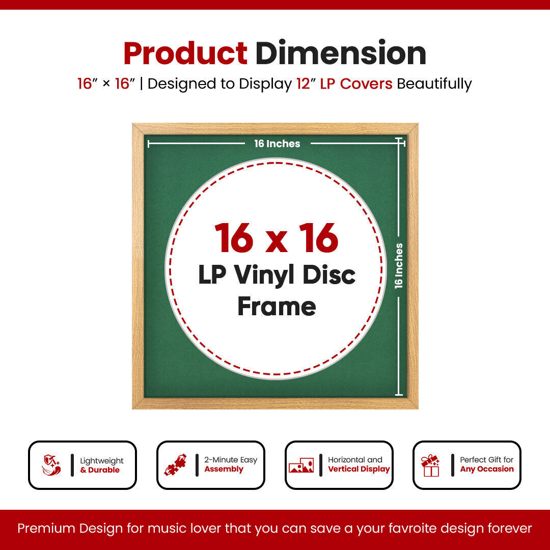 16X16" Oak Modern Sleek Vinyl Record Frame With Emerald (Green) Mount 12 Inch LP Disc - Stylish Display Frame