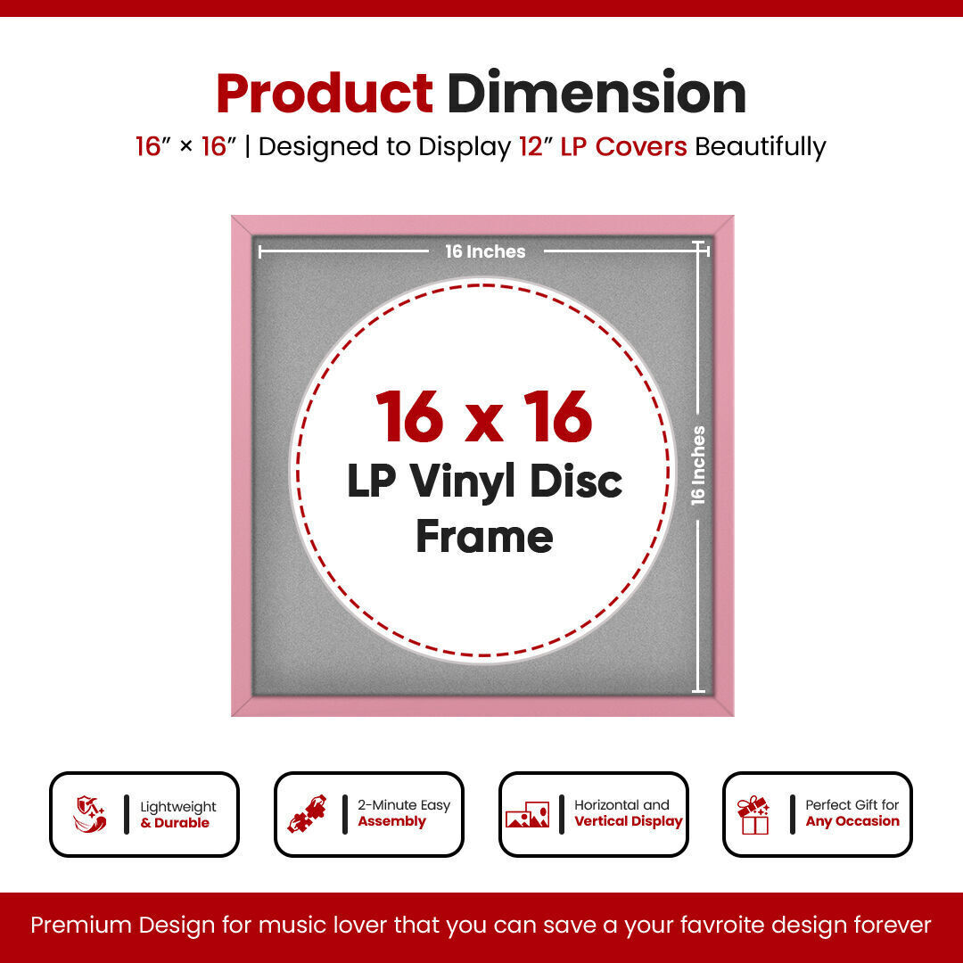 16X16" Pastel Pink Modern Sleek Vinyl Record Frame With Silver Mount For 12 Inch LP Disc - Premium Vinyl Display