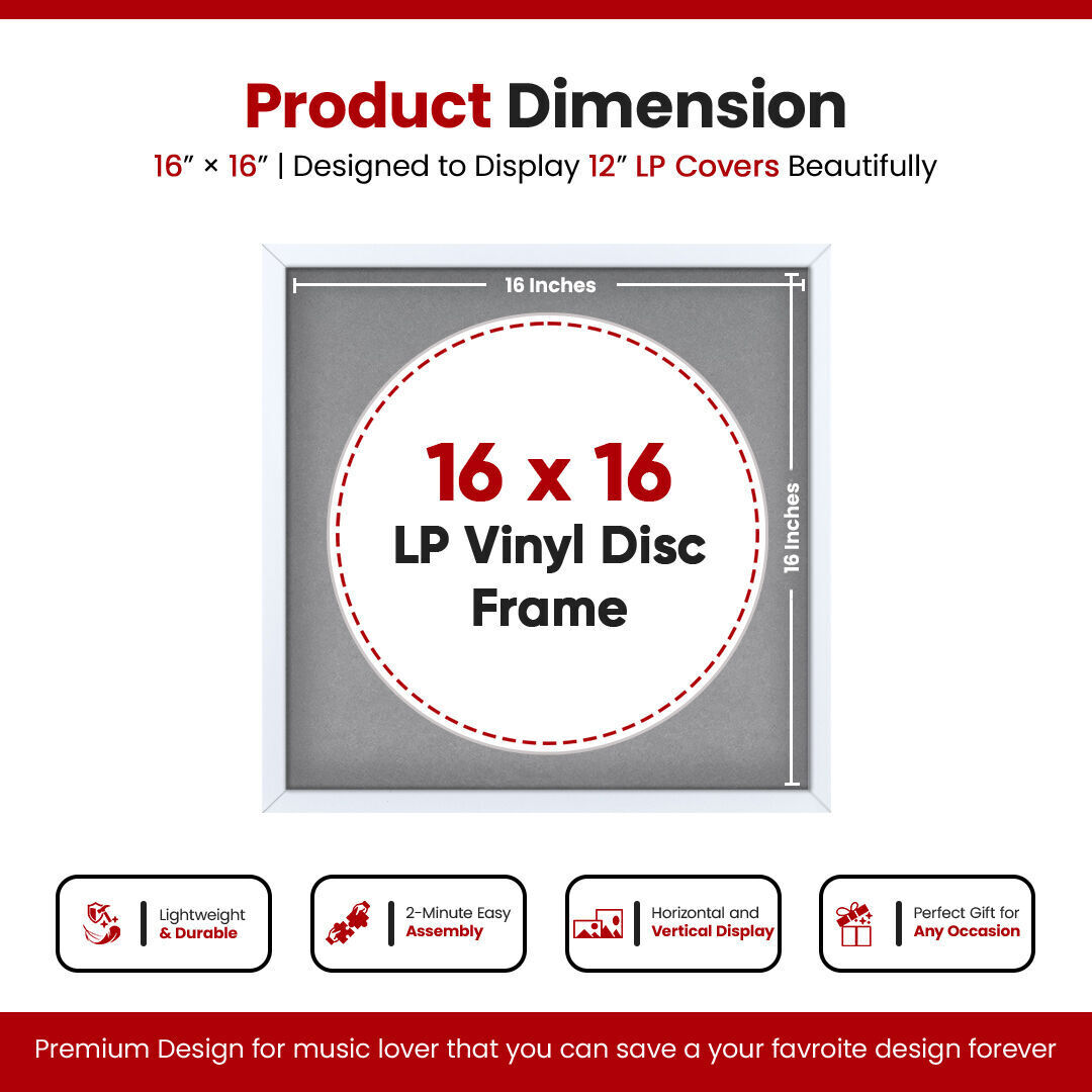 16X16" White Modern Sleek Vinyl Record Frame With Mid Grey Mount 12 Inch LP Disc - Stylish Display Frame
