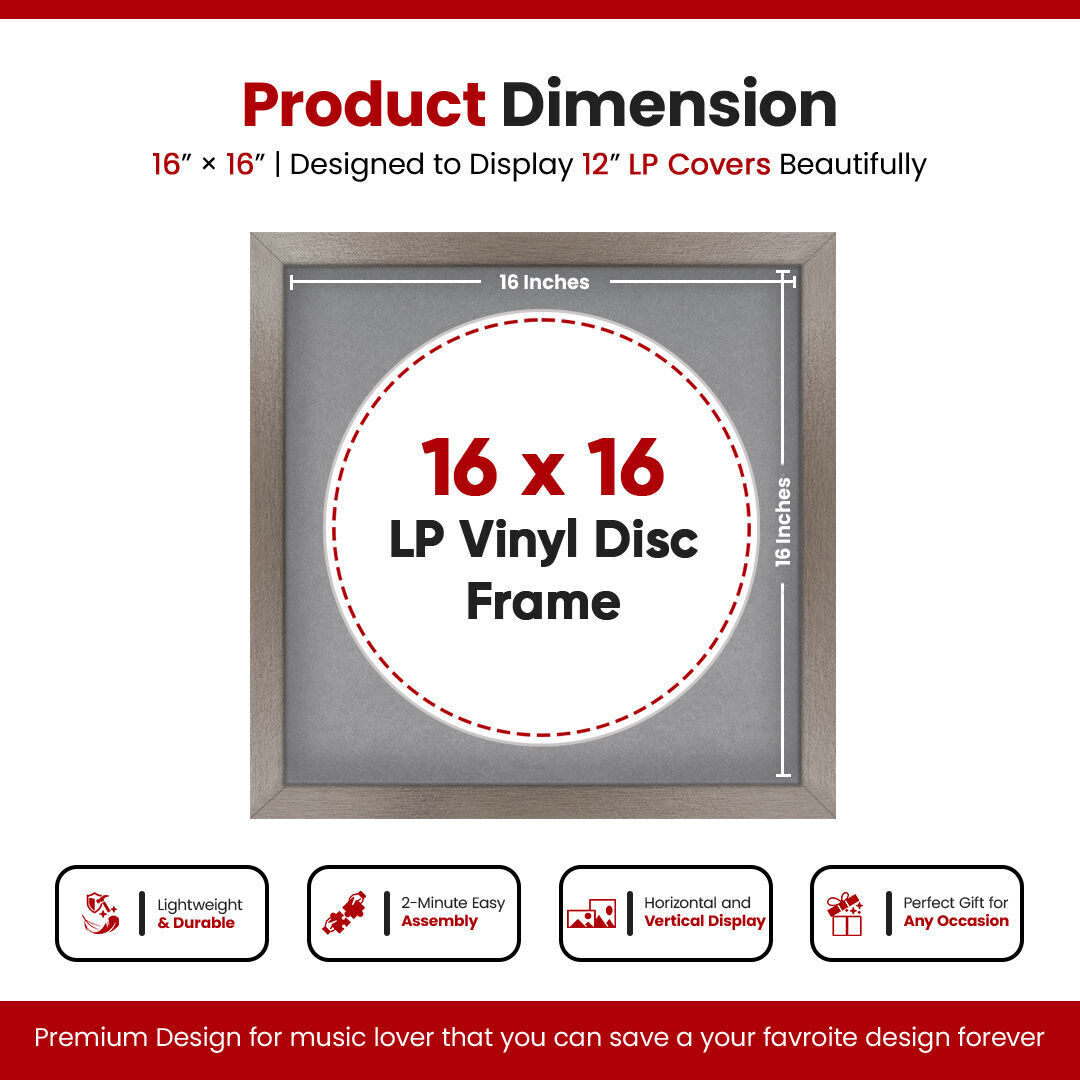 16X16" Aluminium Modern Vinyl Record Frame With Mid Grey Mount For 12 Inch LP Disc - Premium Vinyl Display