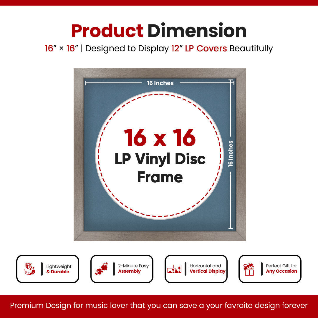 16X16" Aluminium Modern Vinyl Record Frame With Pompador Mount 12 Inch LP Disc - Stylish Display Frame