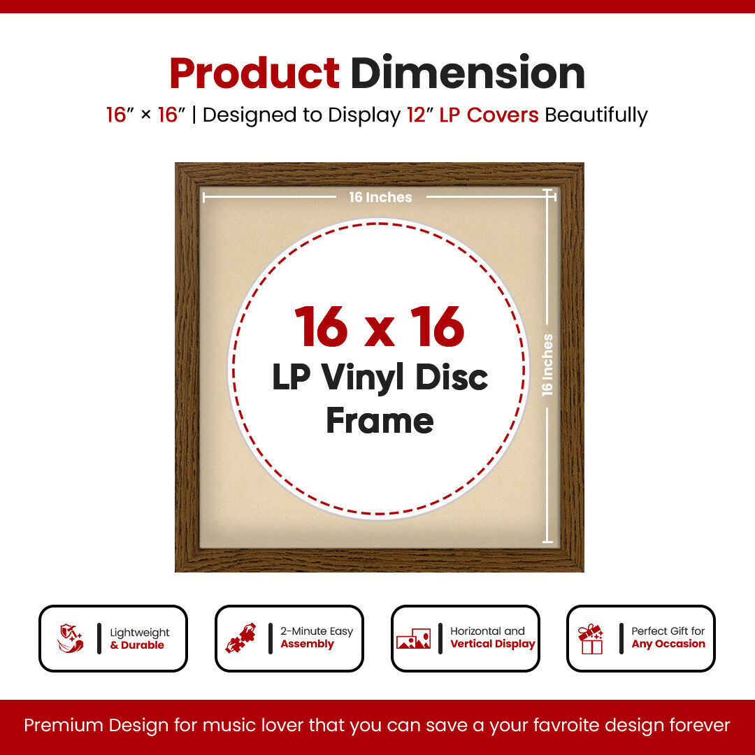 16X16" Dark Oak Modern Vinyl Record Frame With Ivory Mount For 12 Inch LP Disc - Premium Vinyl Display