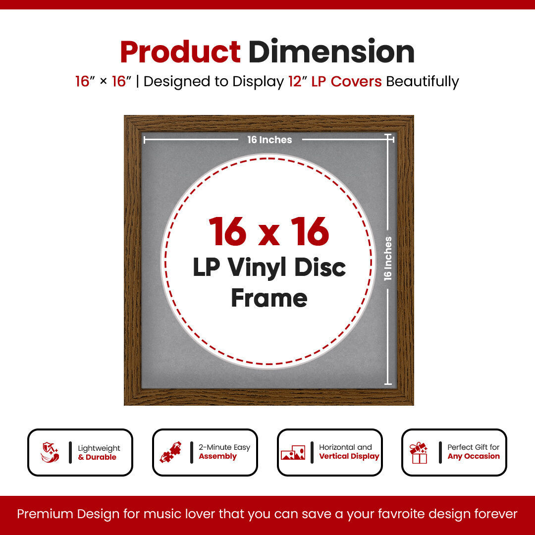 16X16" Dark Oak Modern Vinyl Record Frame With Mid Grey Mount For 12 Inch LP Disc - Elegant Display For Music Lovers