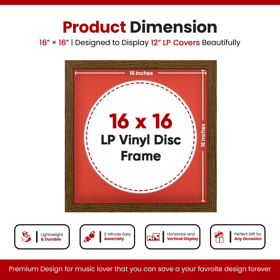 16X16" Dark Oak Modern Vinyl Record Frame With Poppy Red Mount For 12 Inch LP Disc - Elegant Display For Music Lovers