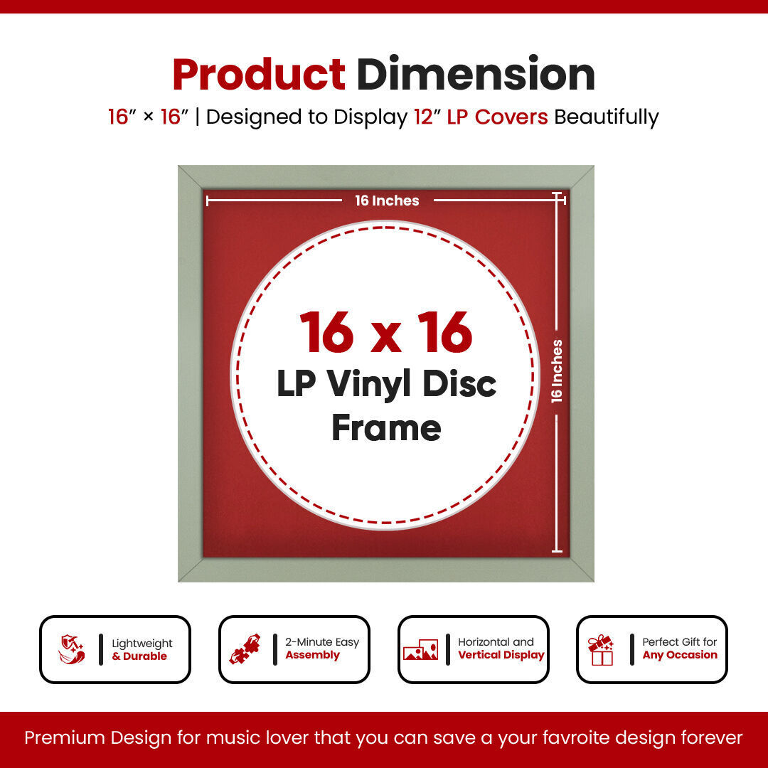 16X16" Green Modern Vinyl Record Frame With Crimson Mount 12 Inch LP Disc - Stylish Display Frame