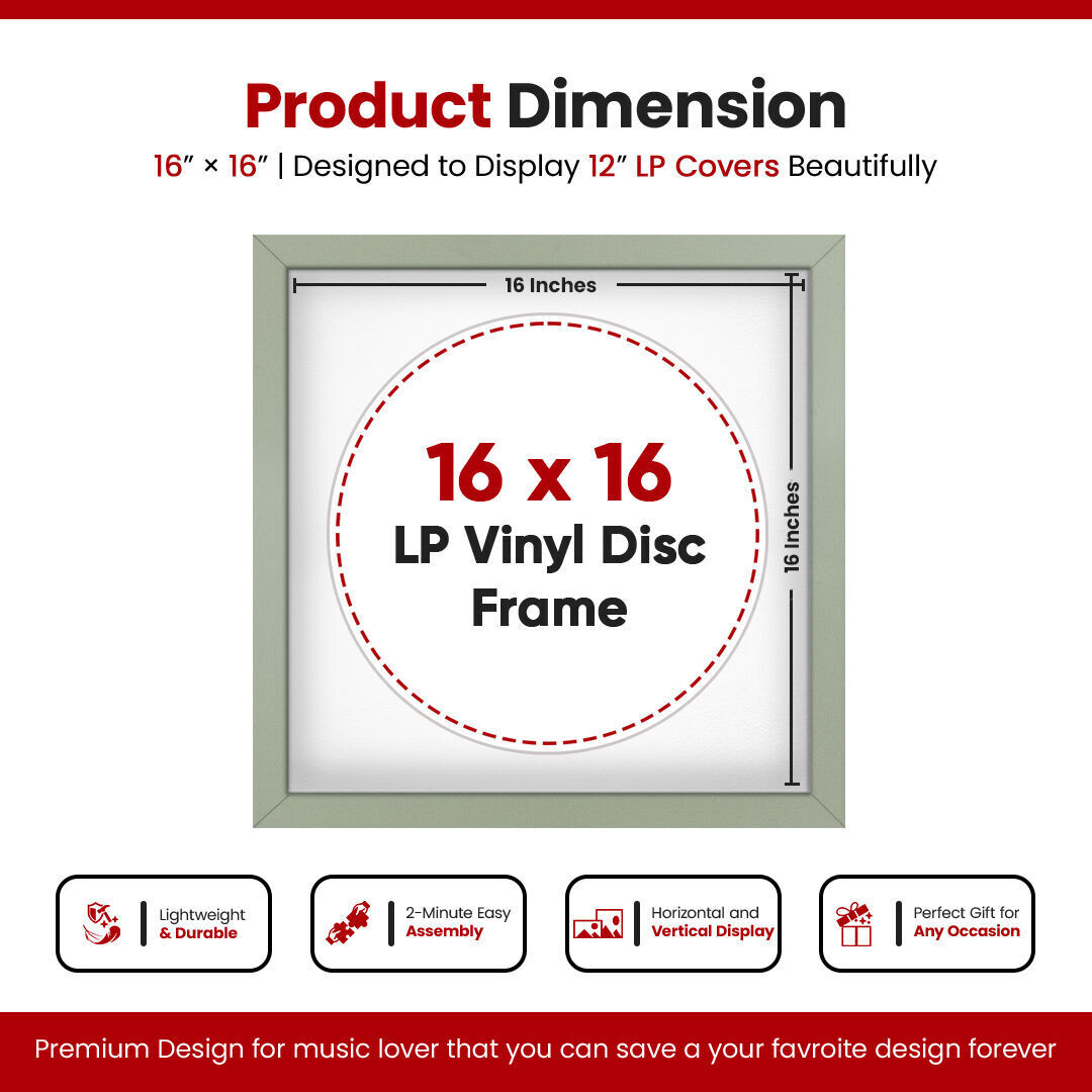 16X16" Green Modern Vinyl Record Frame With Ice White Mount 12 Inch LP Disc - Stylish Display Frame