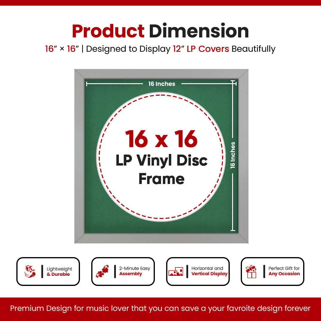 16X16" Light Grey Modern Vinyl Record Frame With Emerald (Green) Mount 12 Inch LP Disc - Stylish Display Frame