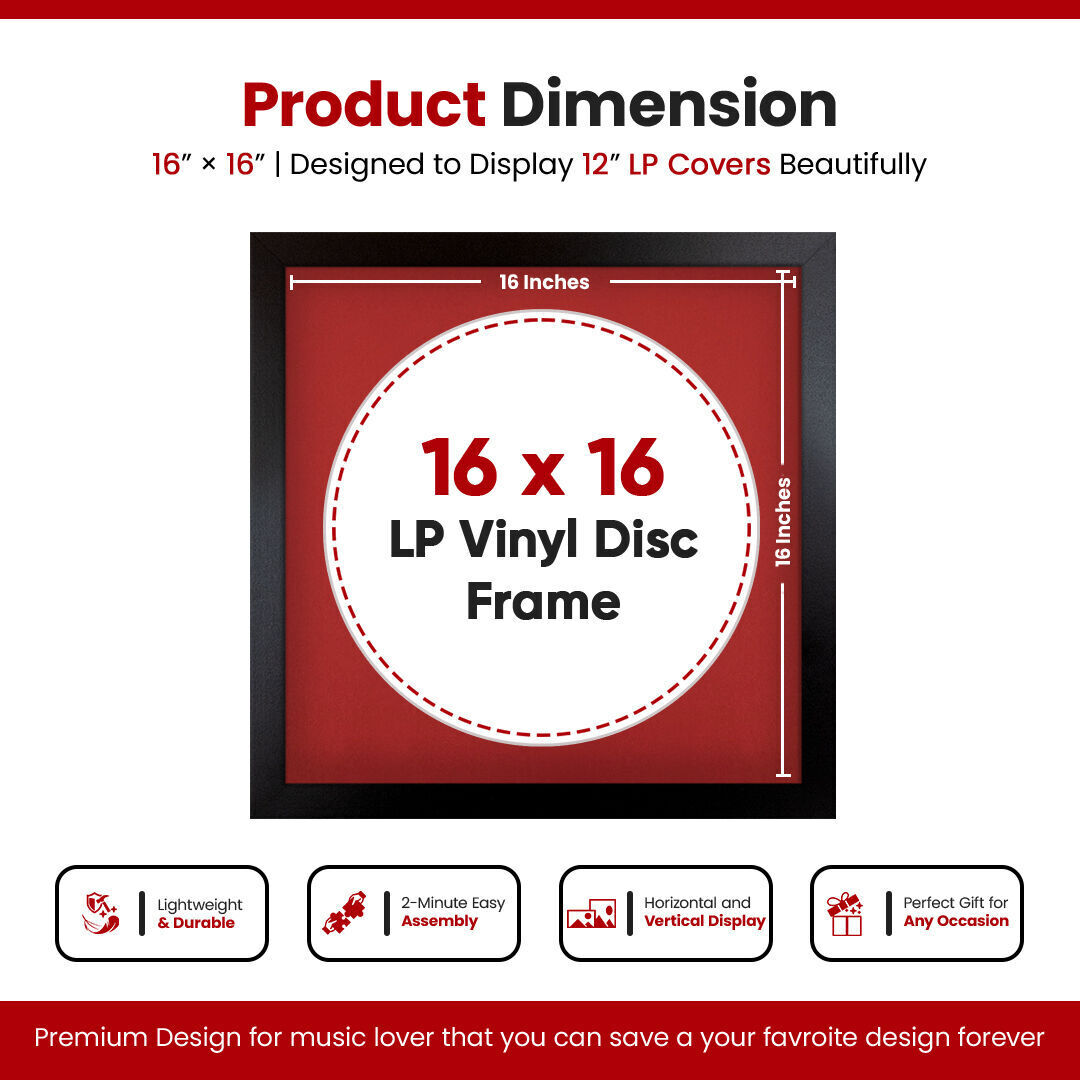 16X16" Mat Black Modern Vinyl Record Frame With Crimson Mount For 12 Inch LP Disc - Elegant Display For Music Lovers