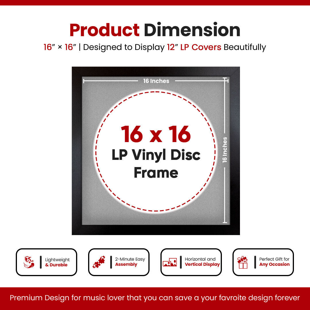 16X16" Mat Black Modern Vinyl Record Frame With Silver Mount For 12 Inch LP Disc - Elegant Display For Music Lovers
