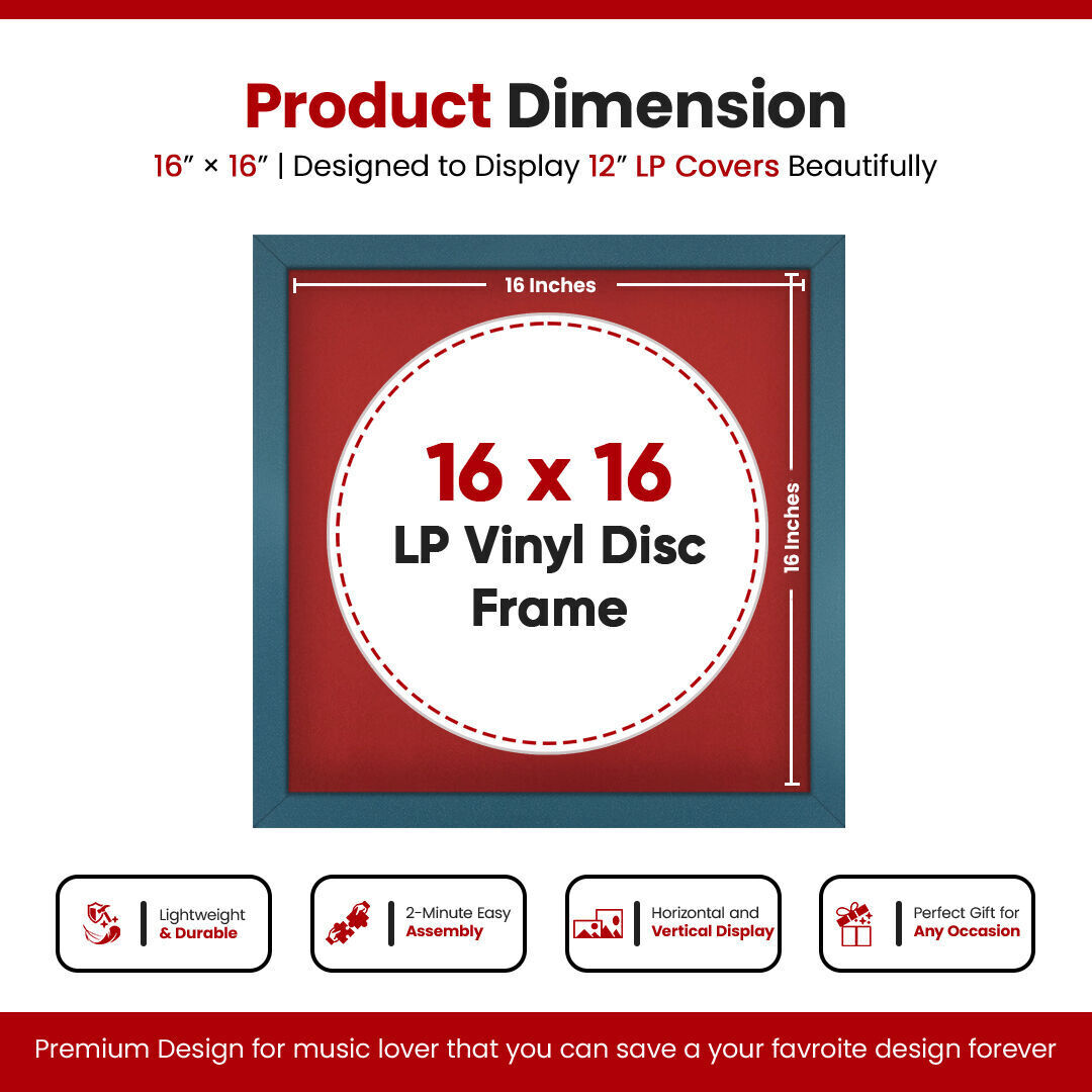16X16" Navy Blue Modern Vinyl Record Frame With Crimson Mount For 12 Inch LP Disc - Premium Vinyl Display