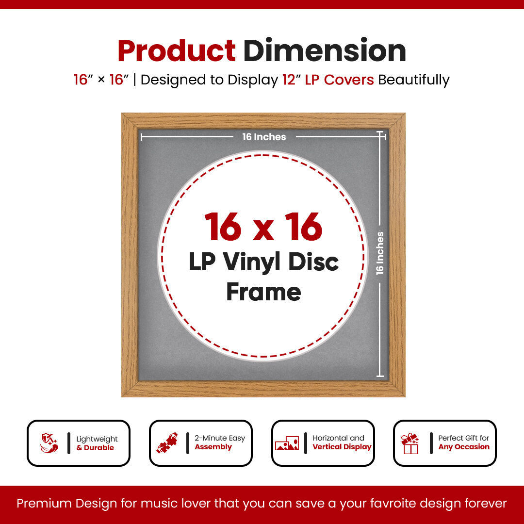 16X16" Oak Modern Vinyl Record Frame With Mid Grey Mount For 12 Inch LP Disc - Premium Vinyl Display