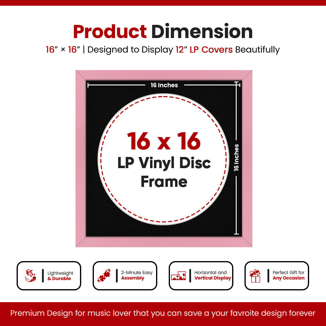 16X16" Pastel Pink Modern Vinyl Record Frame With Black Mount 12 Inch LP Disc - Stylish Display Frame