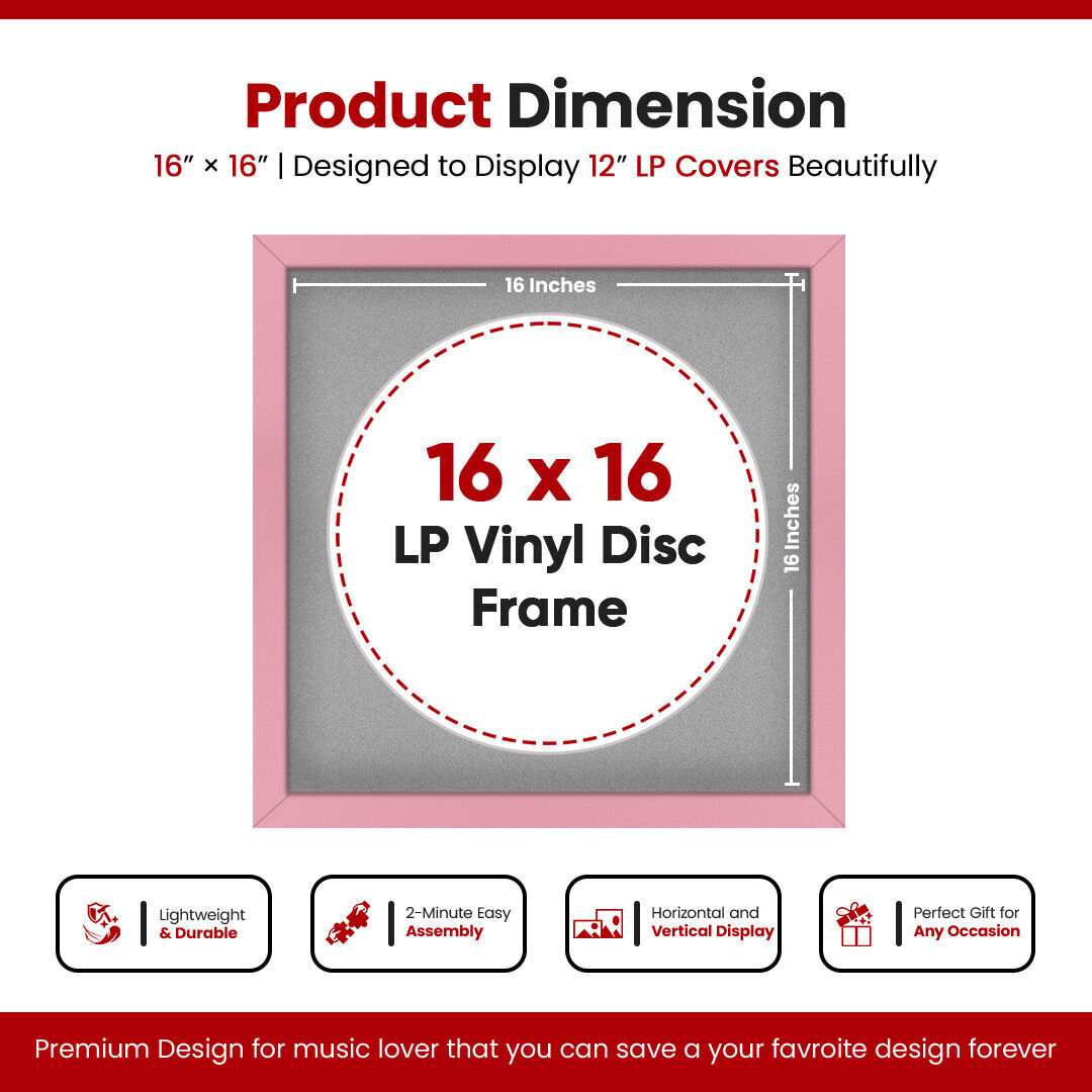 16X16" Pastel Pink Modern Vinyl Record Frame With Silver Mount For 12 Inch LP Disc - Premium Vinyl Display