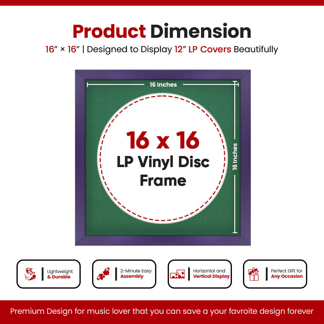 16X16" Purple Modern Vinyl Record Frame With Emerald (Green) Mount For 12 Inch LP Disc - Premium Vinyl Display