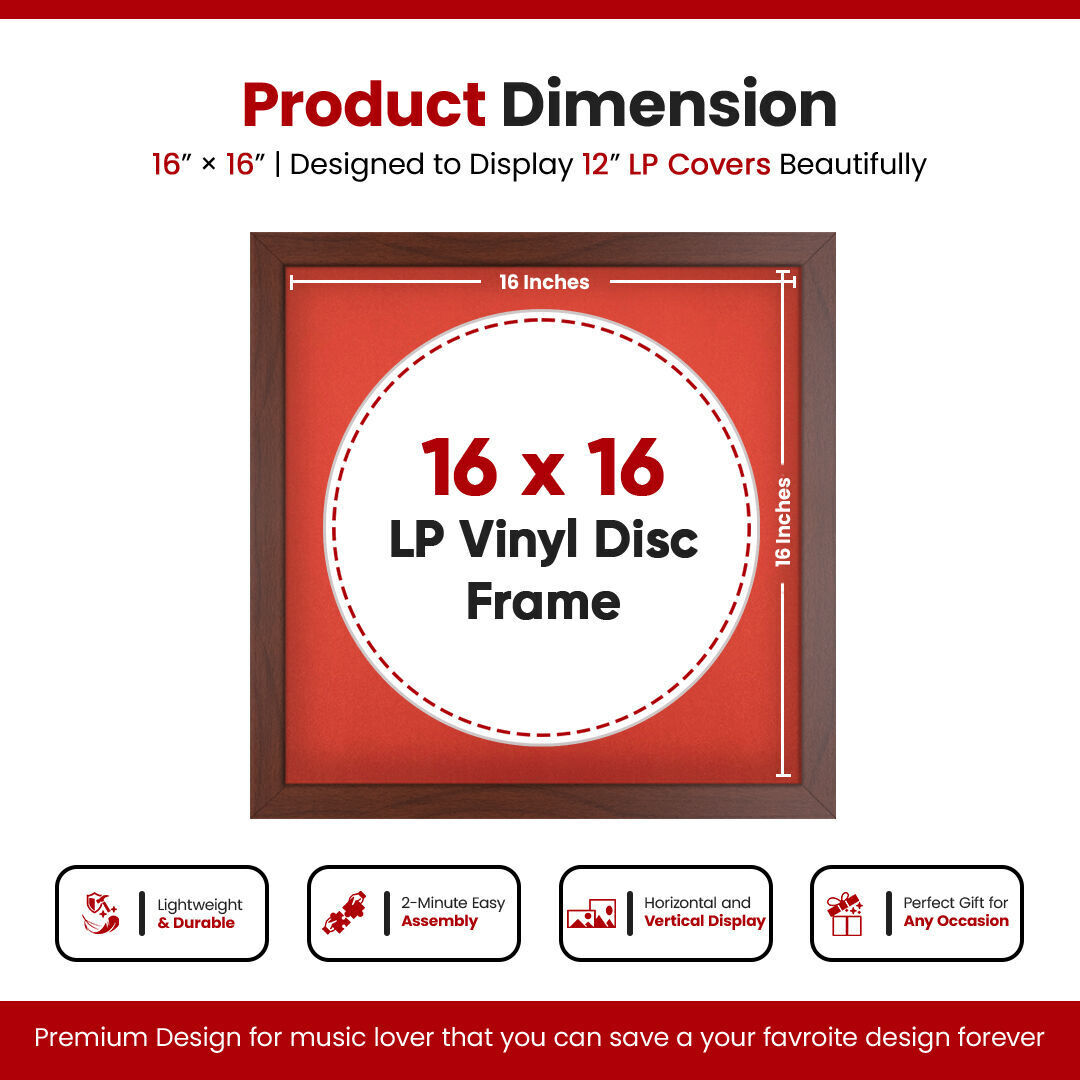 16X16" Rose Wood Modern Vinyl Record Frame With Poppy Red Mount 12 Inch LP Disc - Stylish Display Frame