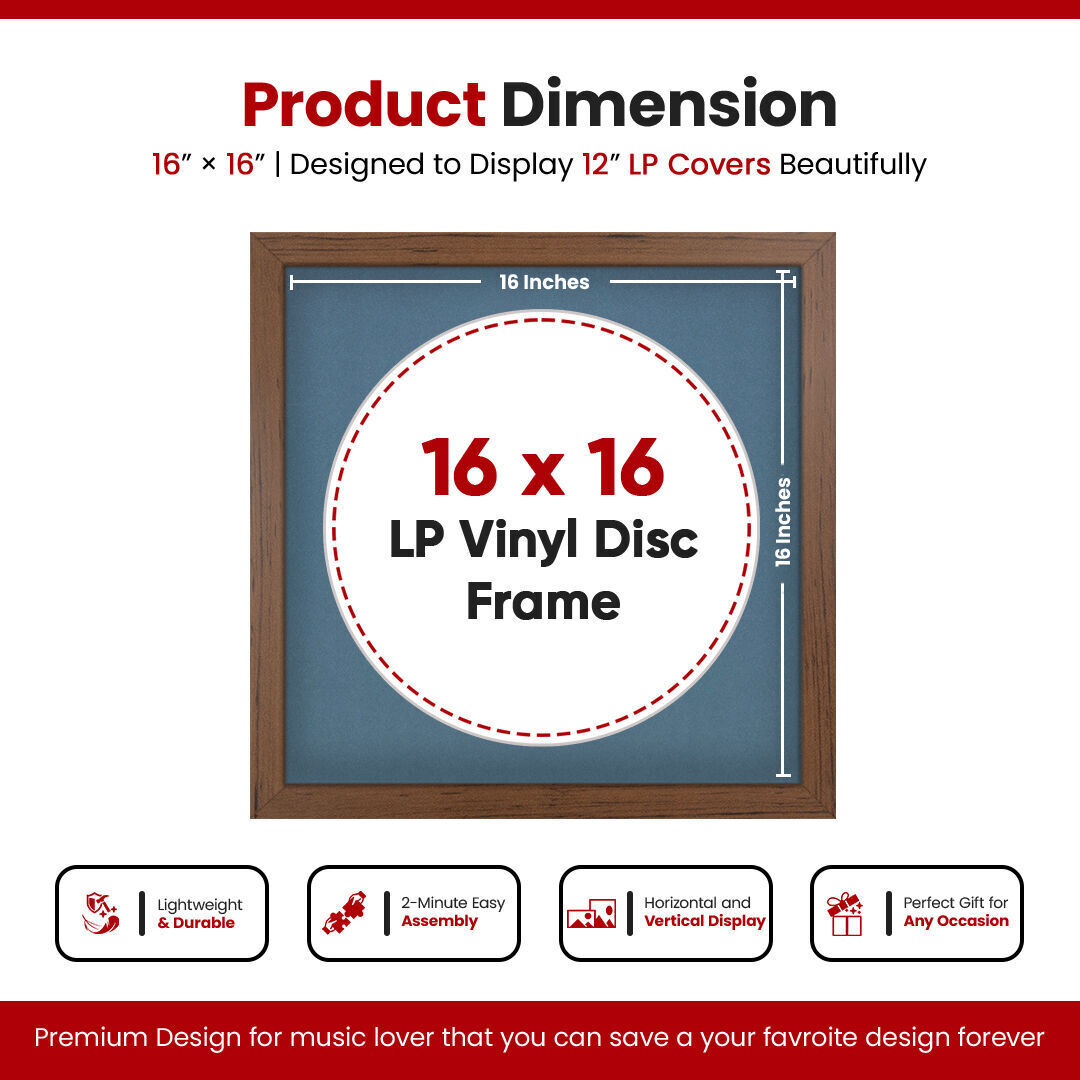 16X16" Walnut Modern Vinyl Record Frame With Pompador Mount 12 Inch LP Disc - Stylish Display Frame