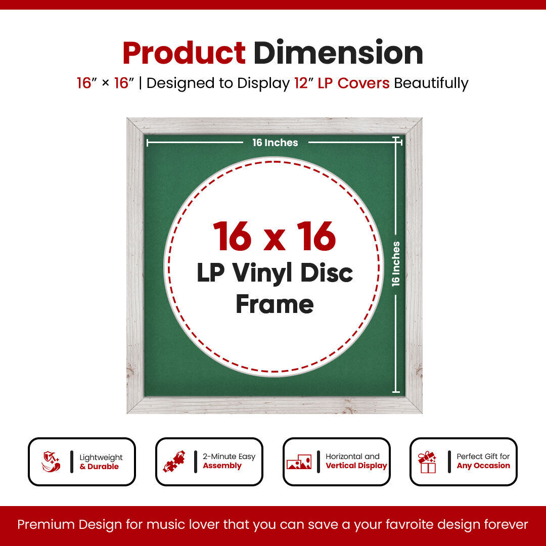 16X16" White Rustic Modern Vinyl Record Frame With Emerald (Green) Mount For 12 Inch LP Disc - Premium Vinyl Display