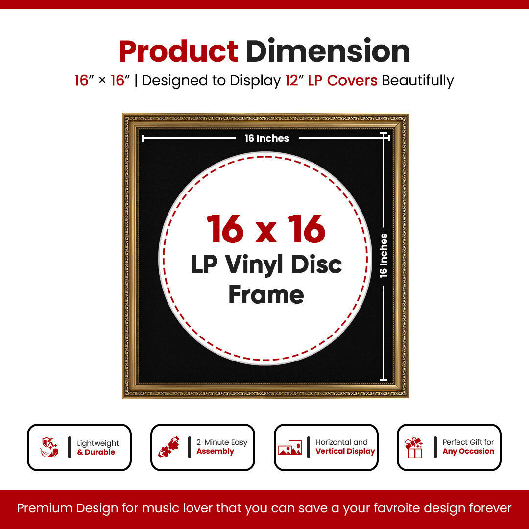 16x16" Ornate Gold Vintage Vinyl Record Frame With Black Mount For 12-Inch LP Disc - Elegant Vinyl Display