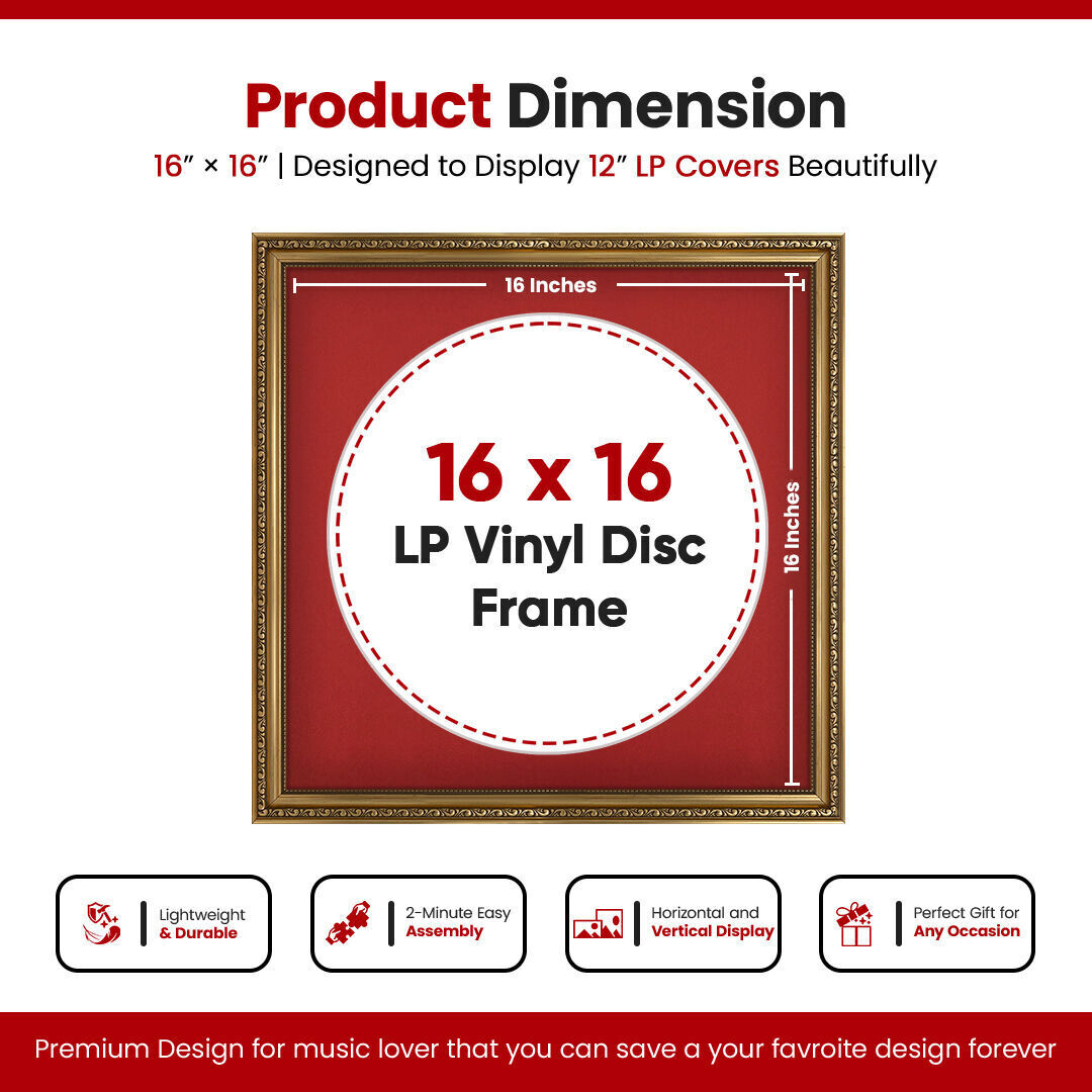 16x16" Ornate Gold Vintage Vinyl Record Frame With Crimson Mount Mount For 12-Inch LP Disc - Elegant Vinyl Display