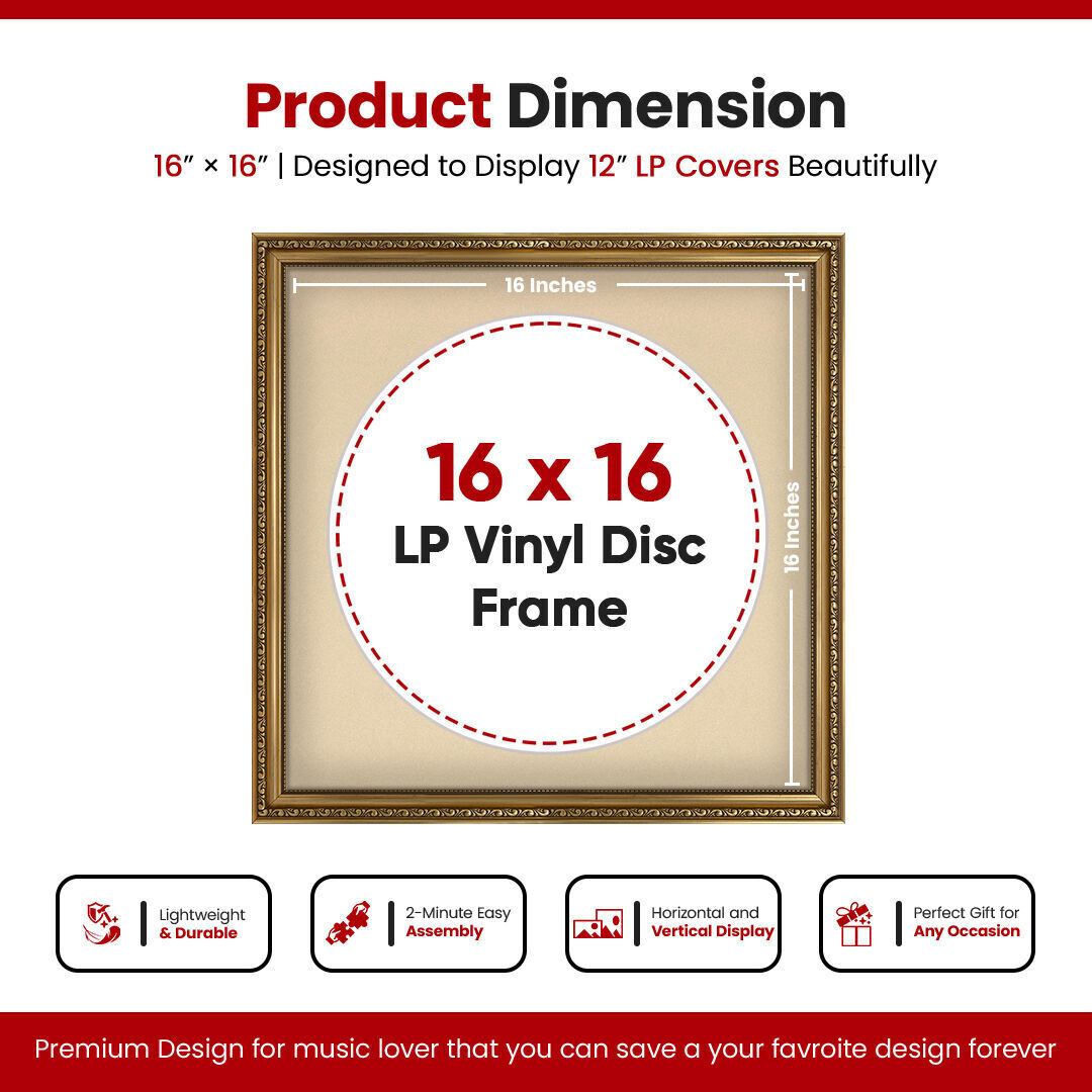 16x16" Ornate Gold Vintage Vinyl Record Frame With Ivory Mount For 12-Inch LP Disc - Elegant Vinyl Display