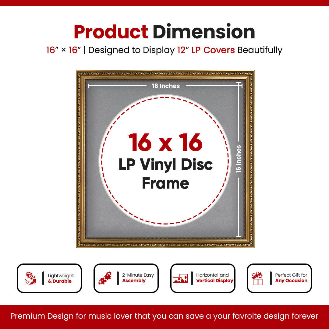 16x16" Ornate Gold Vintage Vinyl Record Frame With Mid Grey Mount For 12-Inch LP Disc - Elegant Vinyl Display